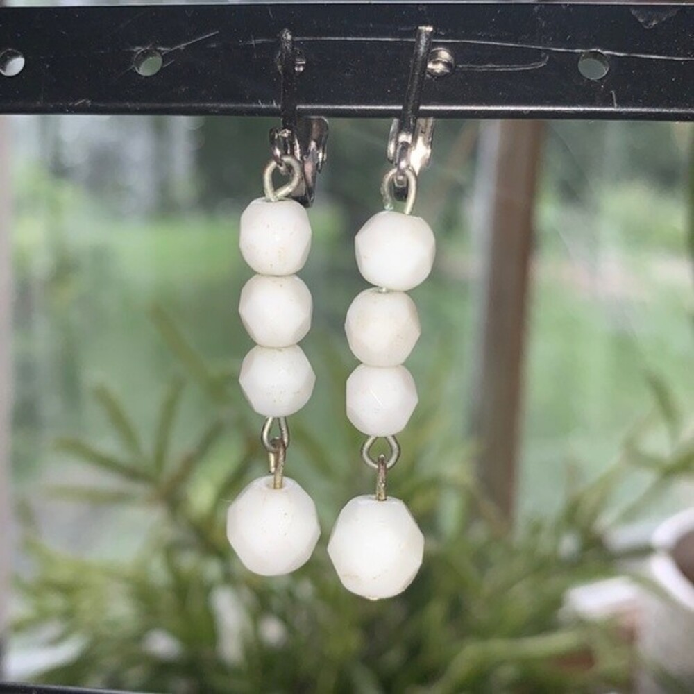 White Dangle Bead Clip Earrings